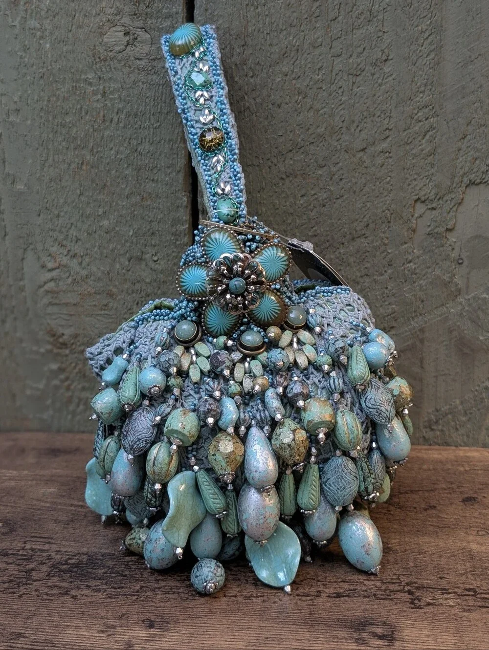 NWT Mary Frances 1872 Patina Turquoise Beaded Women’s Wristlet Bag - Picture 12 of 16